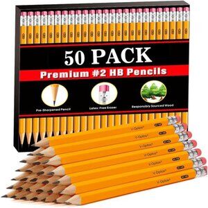 Kids Wood-Cased #2 HB‎ Pencils, 50 Pack Pre-Sharpened Pencils with Top Erasers